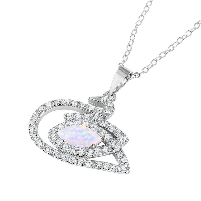 Silver 925 Rhodium Plated Swan with CZ and Synthetic Opal Stone Necklace - BGP01040 | Silver Palace Inc.