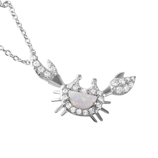 Silver 925 Rhodium Plated Crescent Opal Round CZ Crab Pendant Necklace - BGP01041 | Silver Palace Inc.