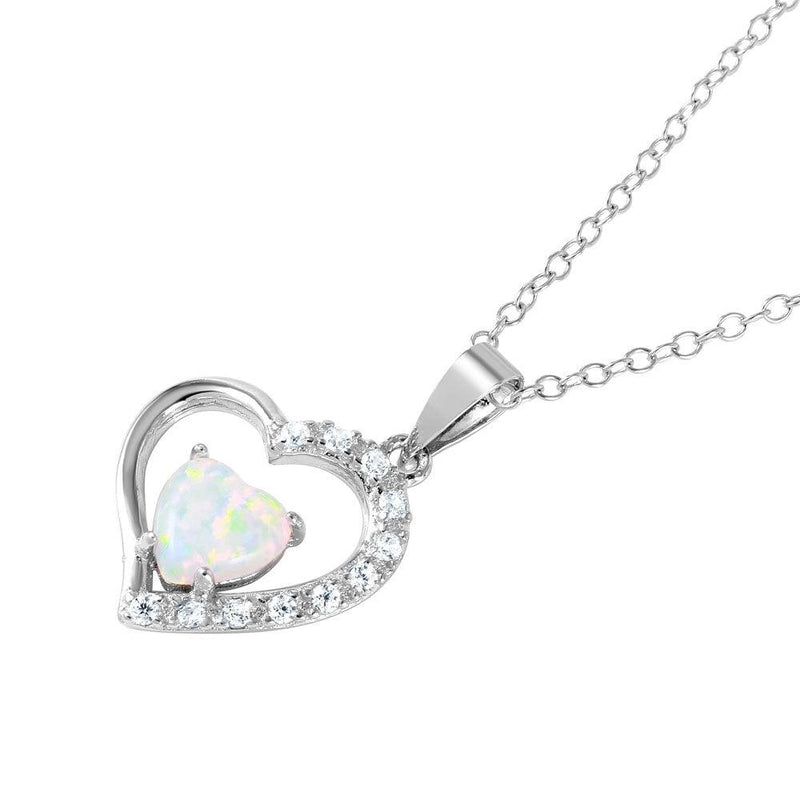 Silver 925 Rhodium Plated CZ Open Heart with Heart-shaped Opal Necklace - BGP01043 | Silver Palace Inc.
