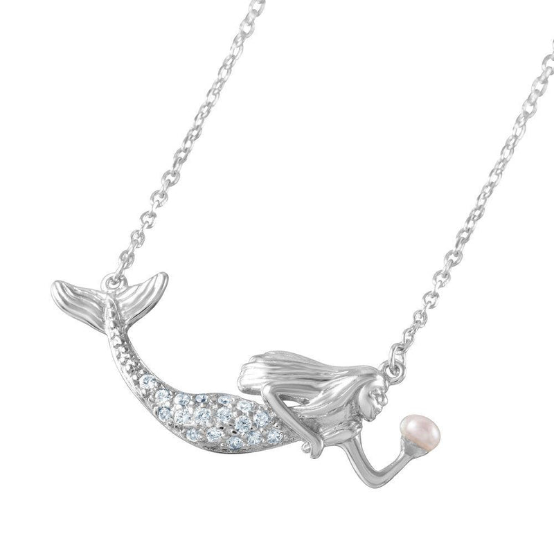 Silver 925 Rhodium Plated Clear CZ and Pearl Mermaid Necklace - BGP01046 | Silver Palace Inc.