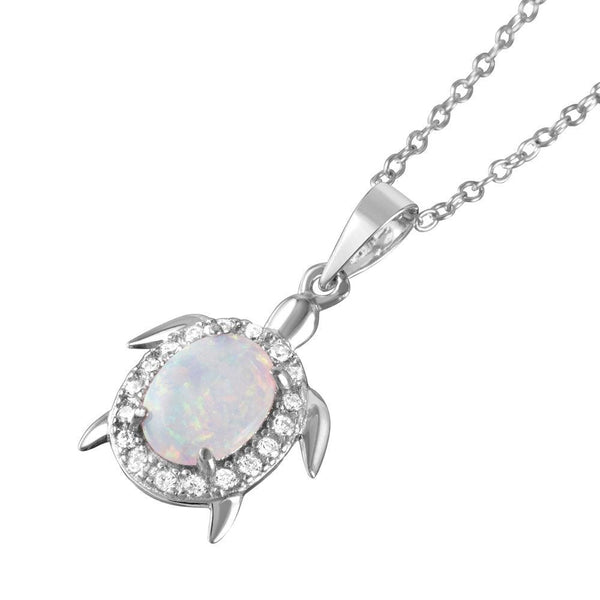 Silver 925 Rhodium Plated Oval Opal Clear CZ Tiny Turtle Pendant Necklace - BGP01048 | Silver Palace Inc.