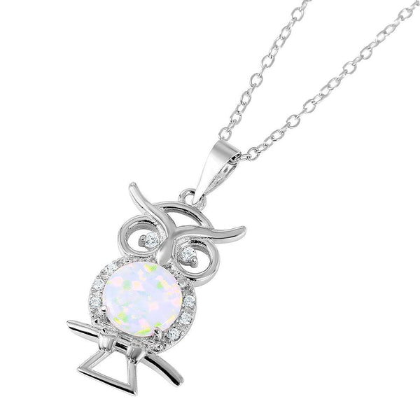 Silver 925 Nickel Free Rhodium Plated Owl with Opal Center Stone Necklace - BGP01049 | Silver Palace Inc.