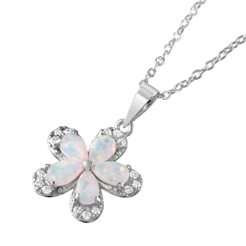 Silver 925 Rhodium Plated Clear CZ Flower Pear Opal Pendant Necklace - BGP01050 | Silver Palace Inc.