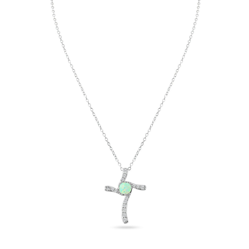 Silver 925 Rhodium Plated Round Opal Clear CZ Cross Pendant Necklace - BGP01051
