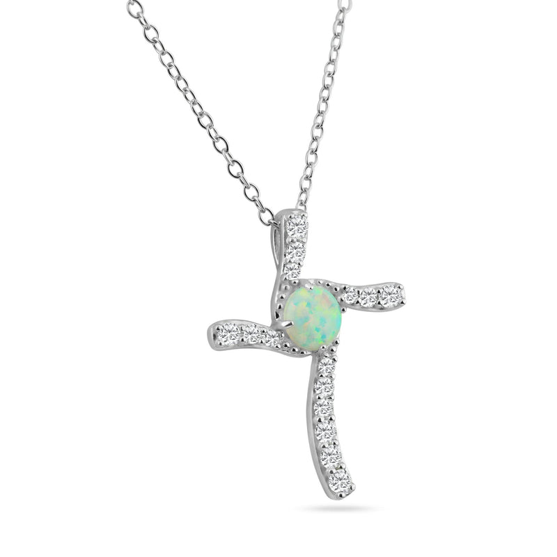 Silver 925 Rhodium Plated Round Opal Clear CZ Cross Pendant Necklace - BGP01051 | Silver Palace Inc.
