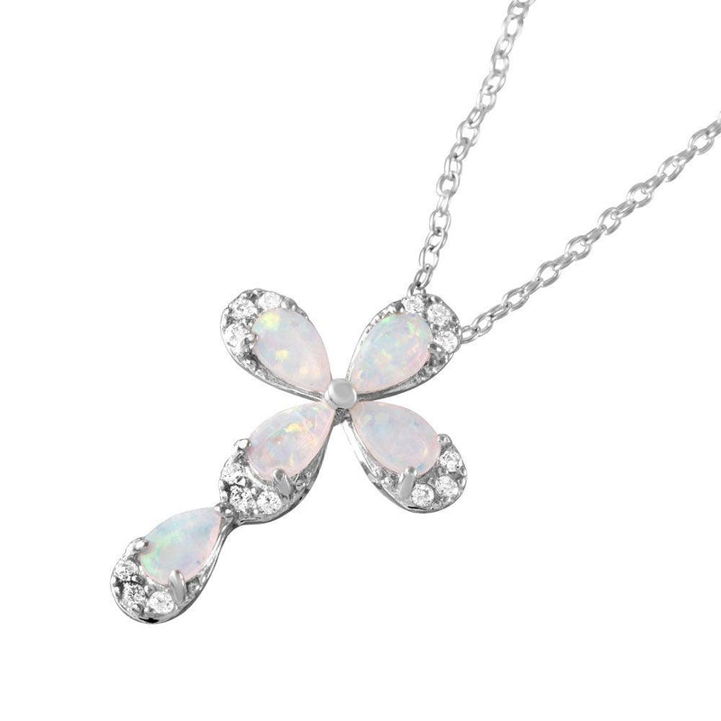 Silver 925 Rhodium Plated Pear Opal Clear CZ Cross Pendant Necklace - BGP01052 | Silver Palace Inc.