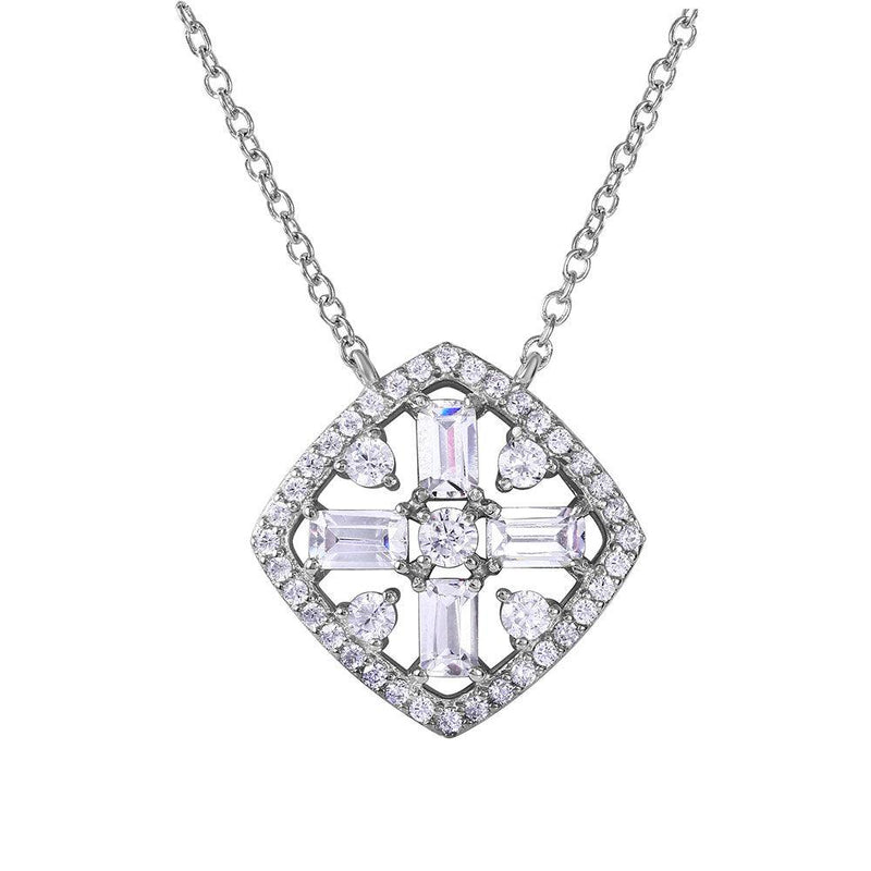 Silver 925 Rhodium Diamond Shape with Cross Center Encrusted with CZ Necklace - BGP01058 | Silver Palace Inc.