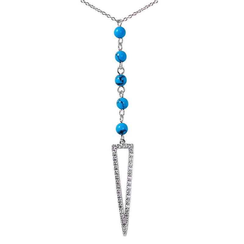 Silver 925 Rhodium Plated Hanging Open Triangle CZ with Turquoise Beads Necklace - BGP01062 | Silver Palace Inc.