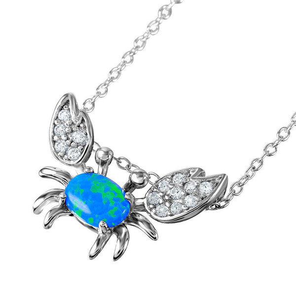Silver 925 Rhodium Plated Crab Necklace with CZ and Synthetic Blue Opal - BGP01065 | Silver Palace Inc.
