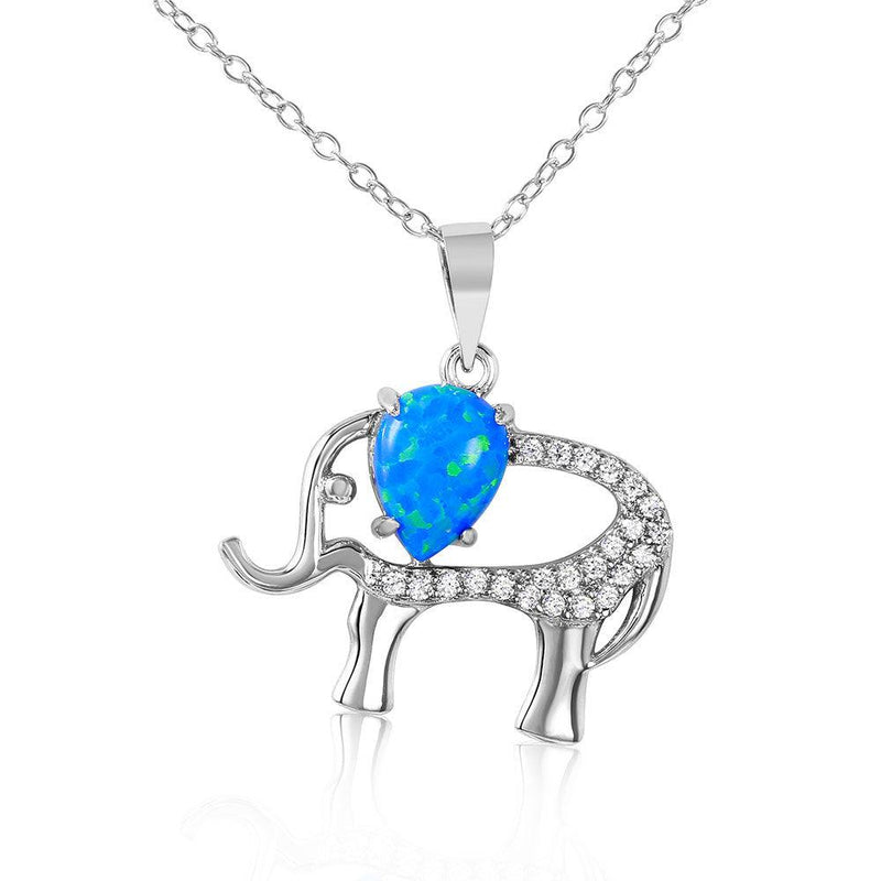 Silver 925 Rhodium Plated Elephant with CZ and Synthetic Blue Opal Necklace - BGP01068 | Silver Palace Inc.