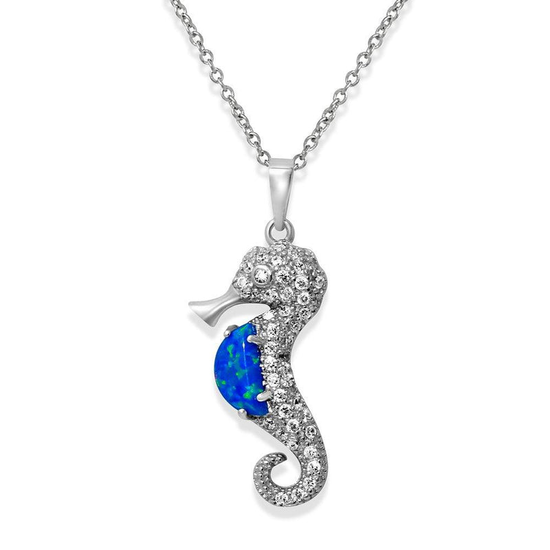 Silver 925 Rhodium Plated Sea Horse with CZ and Synthetic Blue Opal Necklace - BGP01071BLU | Silver Palace Inc.