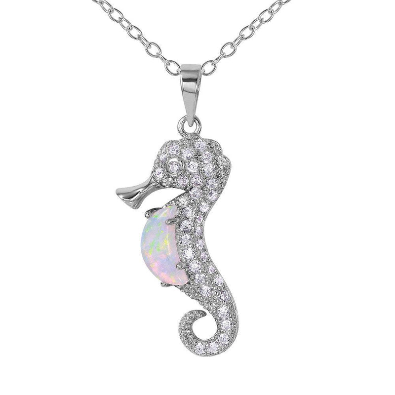 Silver 925 Rhodium Plated Sea Horse with CZ and Synthetic Opal Necklace - BGP01071WHT | Silver Palace Inc.