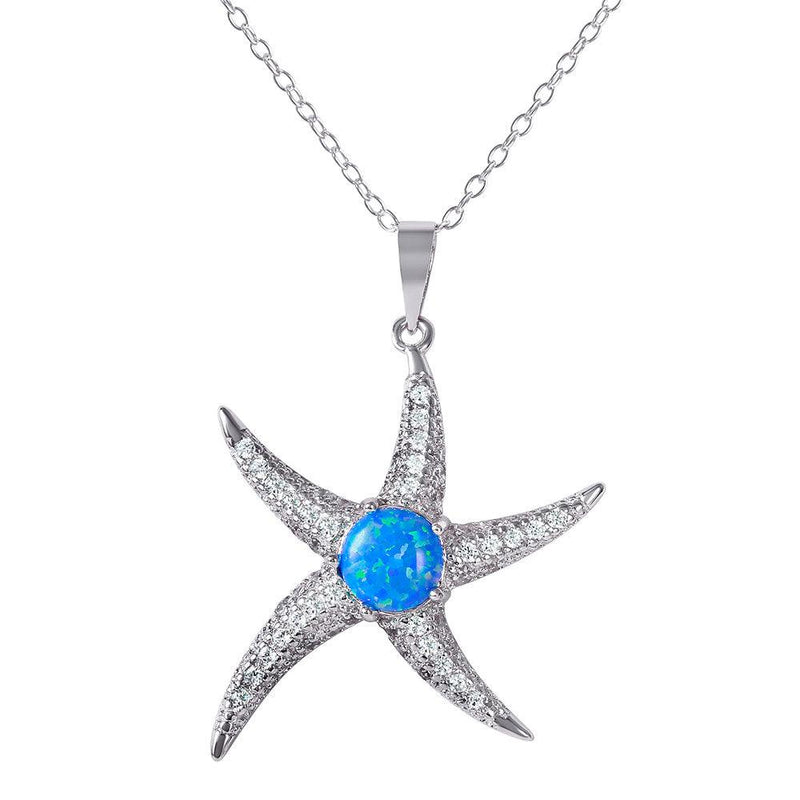 Silver 925 Rhodium Plated CZ Starfish with Synthetic Blue Opal Necklace - BGP01072 | Silver Palace Inc.