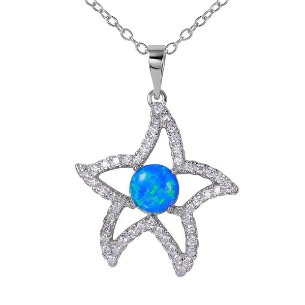 Silver 925 Rhodium Plated CZ Open Starfish with Synthetic Blue Opal Necklace - BGP01073BLU | Silver Palace Inc.