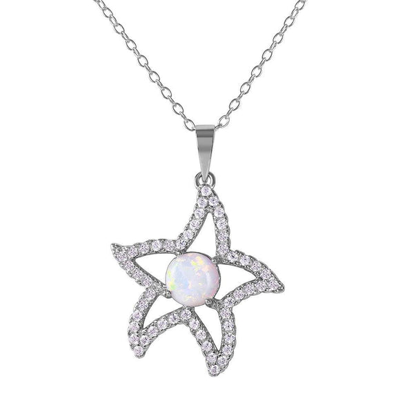 Silver 925 Rhodium Plated CZ Open Starfish with White Center Stone Necklace - BGP01073WHT | Silver Palace Inc.