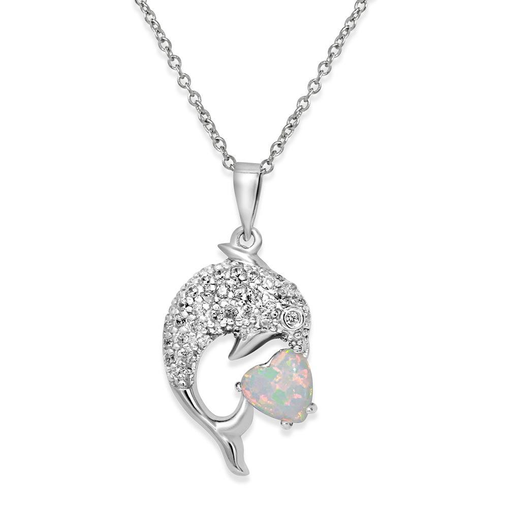 Silver 925 Rhodium Plated CZ Dolphin Necklace with Synthetic Opal - BGP01074WHT | Silver Palace Inc.