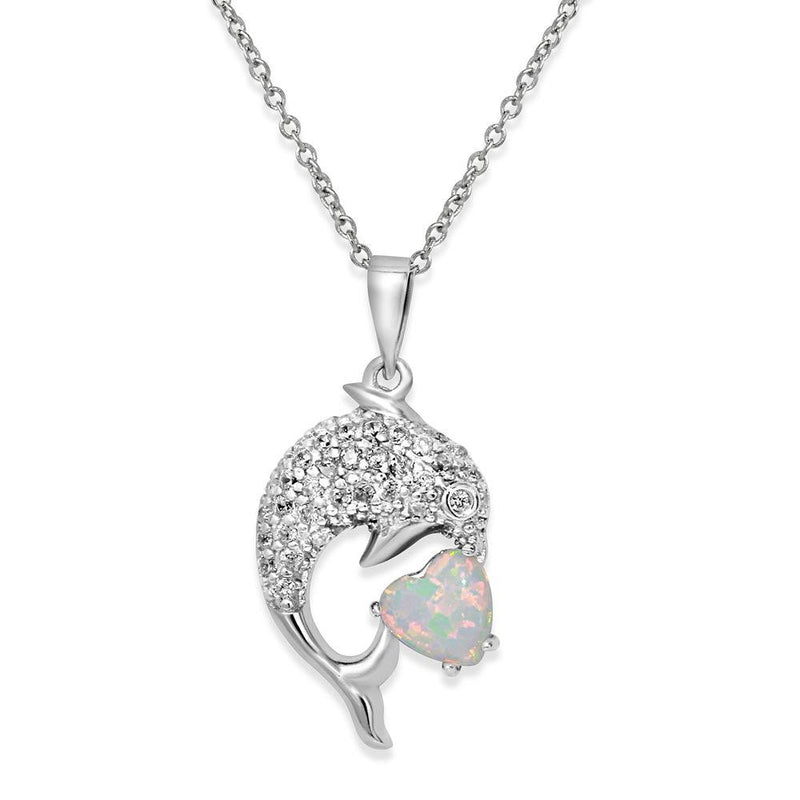 Silver 925 Rhodium Plated CZ Dolphin Necklace with Synthetic Opal - BGP01074WHT | Silver Palace Inc.