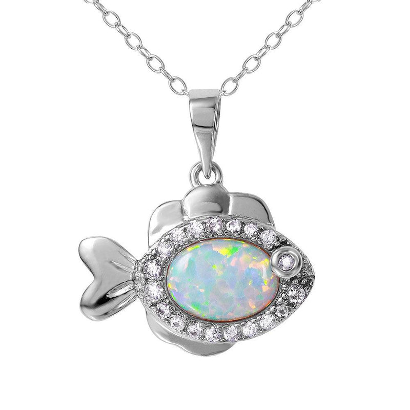Silver 925 Rhodium Plated Fish with CZ and Synthetic Opal Necklace - BGP01078 | Silver Palace Inc.