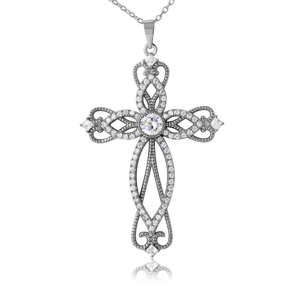 Silver 925 Rhodium Plated Designed Cross Necklace with CZ - BGP01079 | Silver Palace Inc.