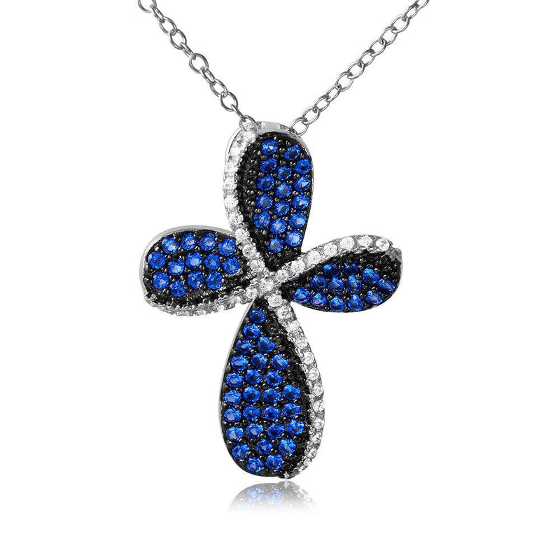 Silver 925 Black Rhodium and Rhodium Plated Cross with Blue and Clear CZ - BGP01080 | Silver Palace Inc.