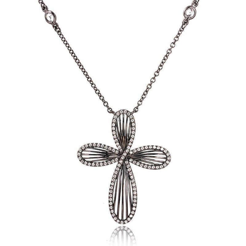 Silver 925 Black Rhodium Plated Cross with CZ Border Necklace - BGP01081 | Silver Palace Inc.