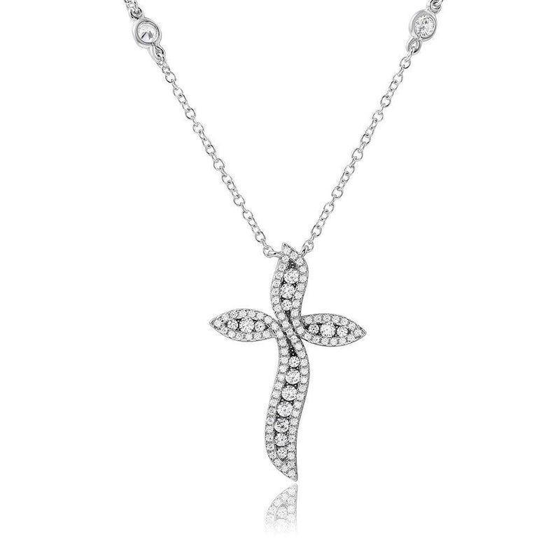 Silver 925 Rhodium Plated CZ Wavy Cross Necklace - BGP01091 | Silver Palace Inc.