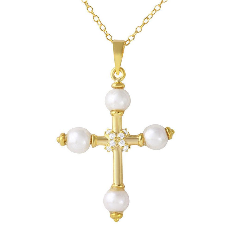 925 Silver 925 Gold Plated Cross with Synthetic Pearl Necklace - BGP01098 | Silver Palace Inc.