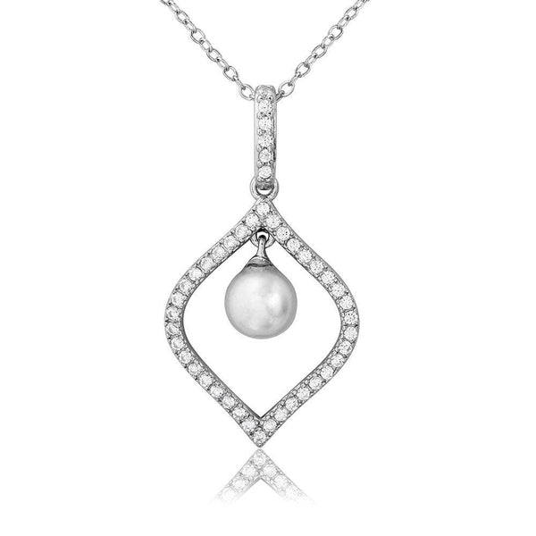 Silver 925 Rhodium Plated CZ Open Drop with Dangling Synthetic Pearl Necklace - BGP01099 | Silver Palace Inc.