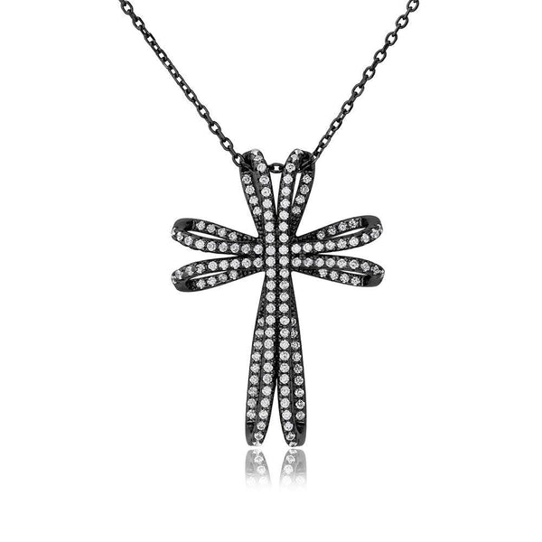 Silver 925 Black Rhodium Plated CZ Double Cross Necklace - BGP01101 | Silver Palace Inc.