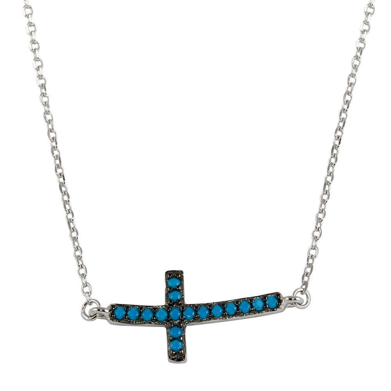 Silver 925 Rhodium Plated Horizontal Cross Necklace with Blue CZ - BGP01102 | Silver Palace Inc.