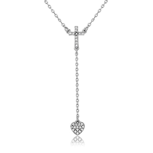 Silver 925 Rhodium Plated Cross with Hanging Heart Necklace - BGP01105 | Silver Palace Inc.