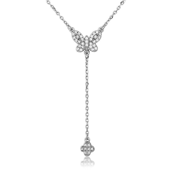 Silver 925 Rhodium Plated CZ Butterfly with Hanging Clover Necklace - BGP01106 | Silver Palace Inc.