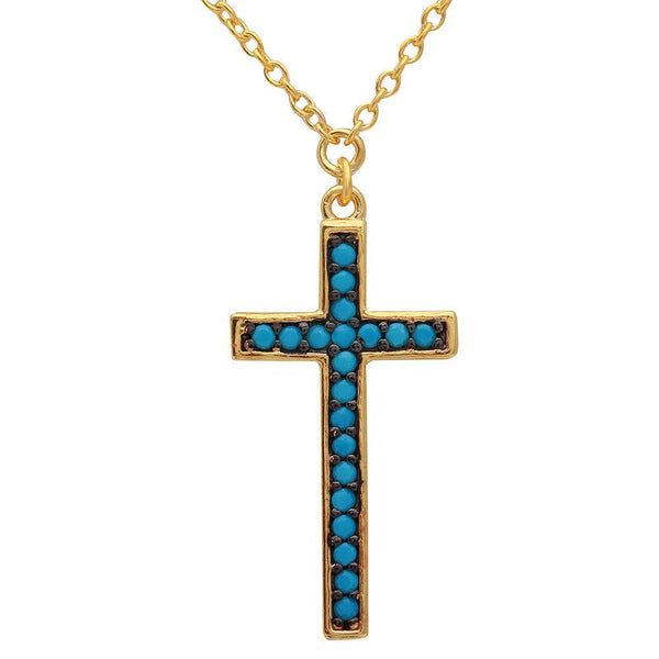 Silver 925 Gold Plated Turquoise Stone Cross Necklace - BGP01109 | Silver Palace Inc.