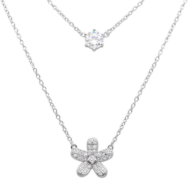 Silver 925 Rhodium Plated Double Chain CZ and Hibiscus Flower Necklace - BGP01119 | Silver Palace Inc.