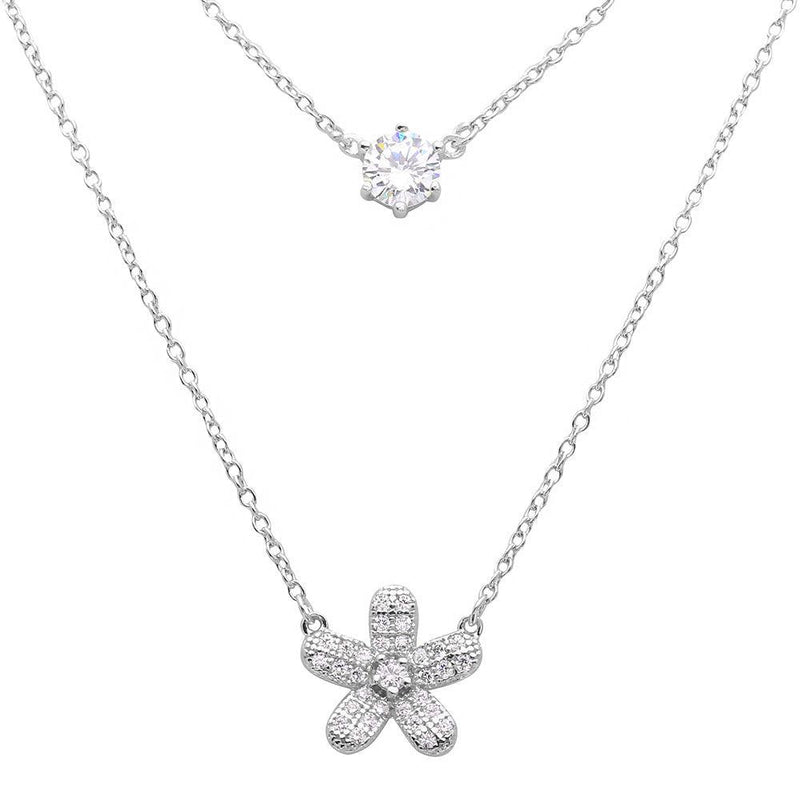Silver 925 Rhodium Plated Double Chain CZ and Hibiscus Flower Necklace - BGP01119 | Silver Palace Inc.
