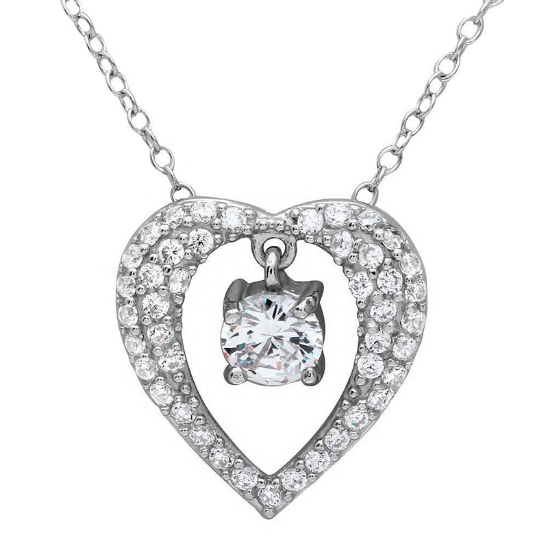 Silver 925 Rhodium Plated Open Heart Necklace with Hanging Stone - BGP01121 | Silver Palace Inc.
