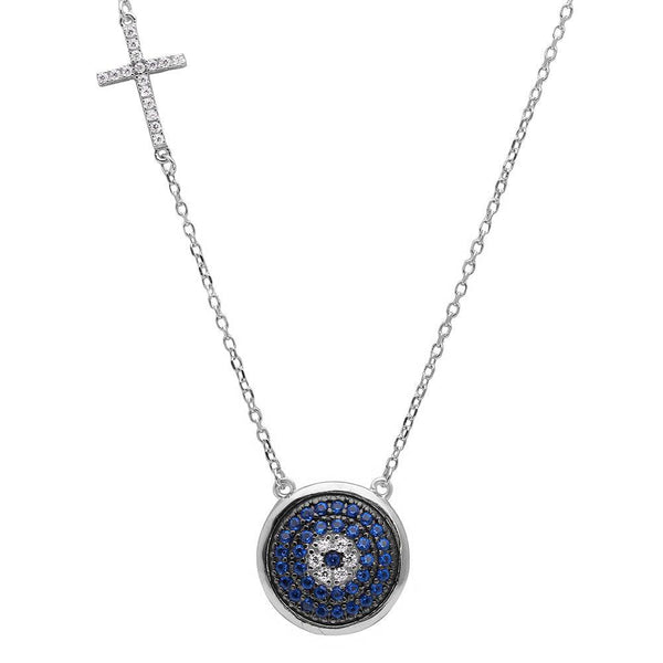 Silver 925 Rhodium Plated Blue CZ Evil Eye with CZ Cross Charm Necklace - BGP01124 | Silver Palace Inc.