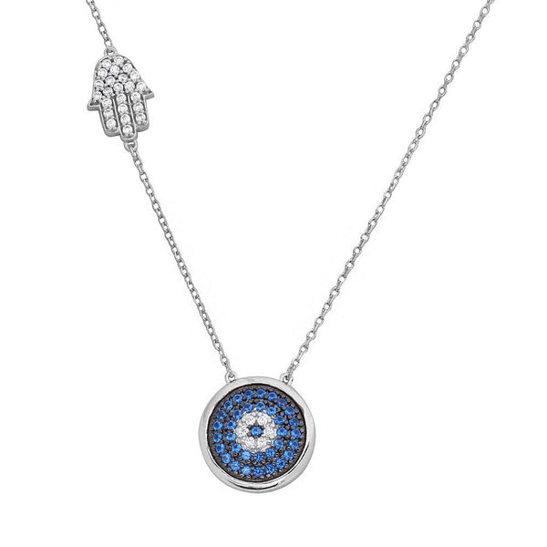 Silver 925 Rhodium Plated Evil Eye Necklace with CZ Hamsa Hand - BGP01125 | Silver Palace Inc.