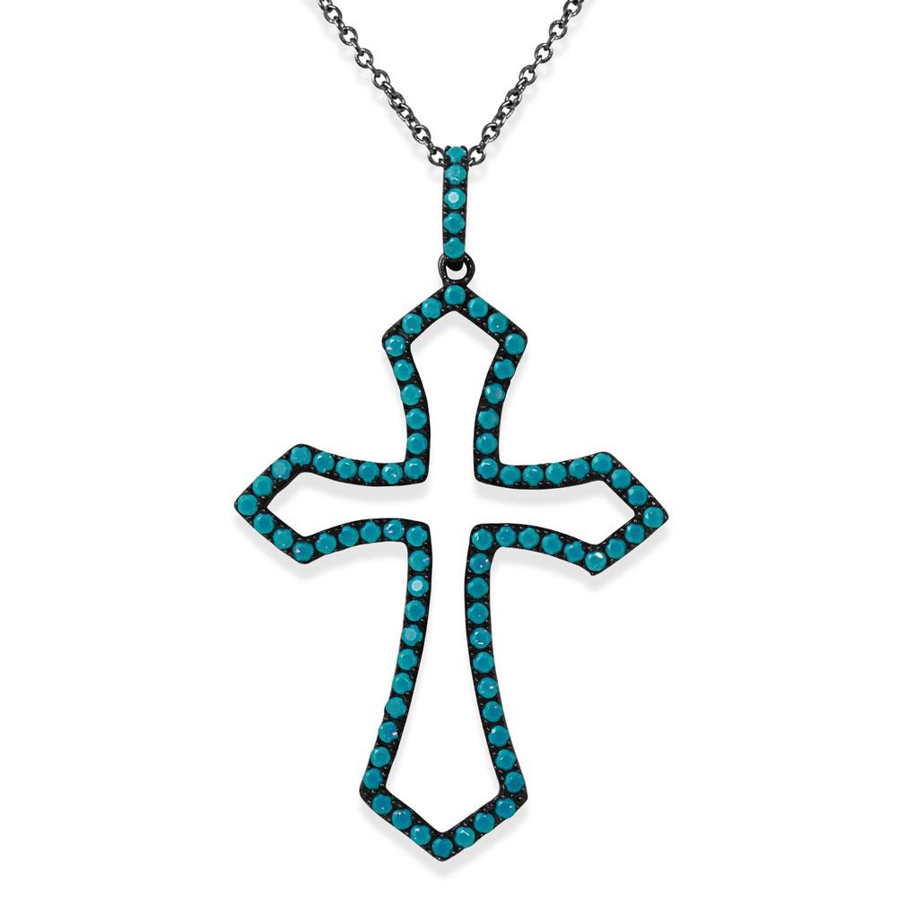 Silver 925 Black Rhodium Plated Open Turquoise Bead Heart Necklace - BGP01129 | Silver Palace Inc.