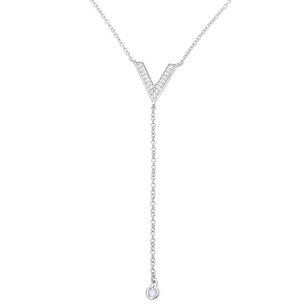 Silver 925 Rhodium Plated V Shape CZ Drop Necklace - BGP01131 | Silver Palace Inc.