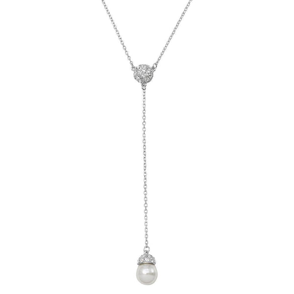 Silver 925 Rhodium Plated CZ Drop Synthetic Pearl Necklace - BGP01132 | Silver Palace Inc.