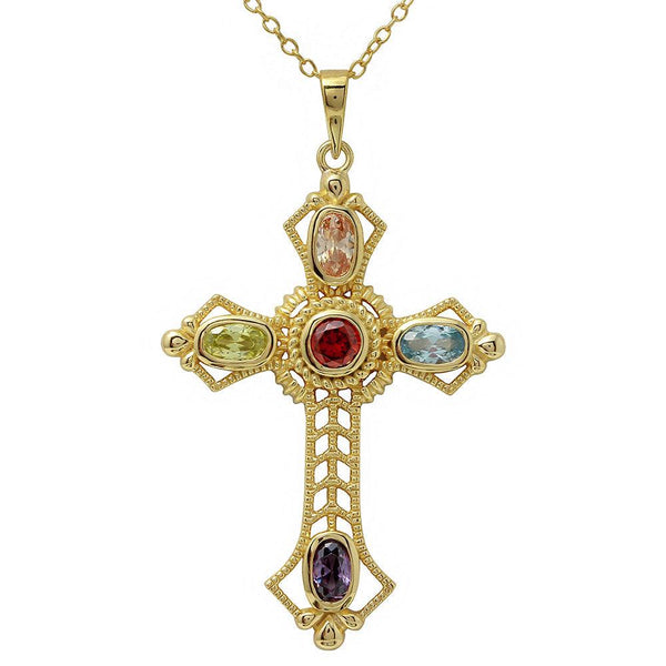 Silver 925 Gold Plated Multi Color CZ Cross Necklace - BGP01134 | Silver Palace Inc.
