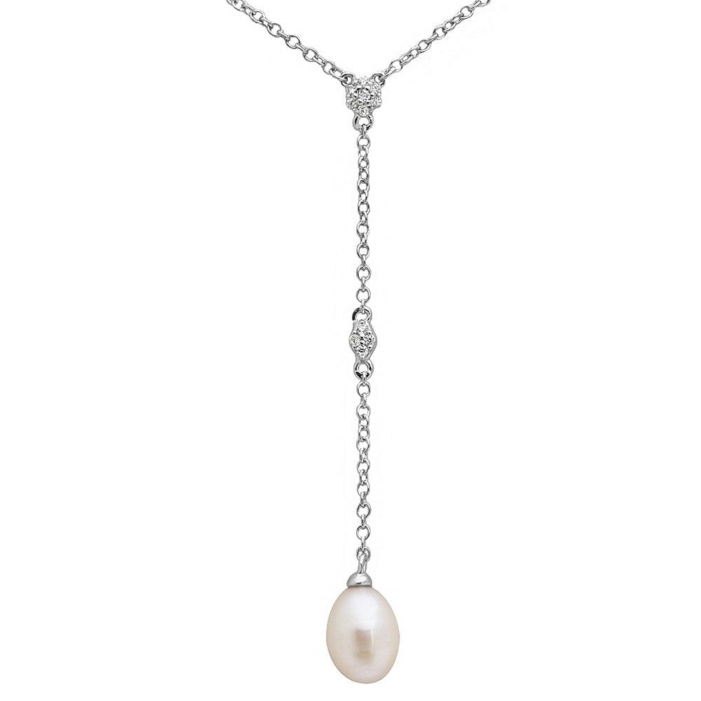 Silver 925 Rhodium Plated CZ Drop Fresh Water Pearl Necklace - BGP01138 | Silver Palace Inc.