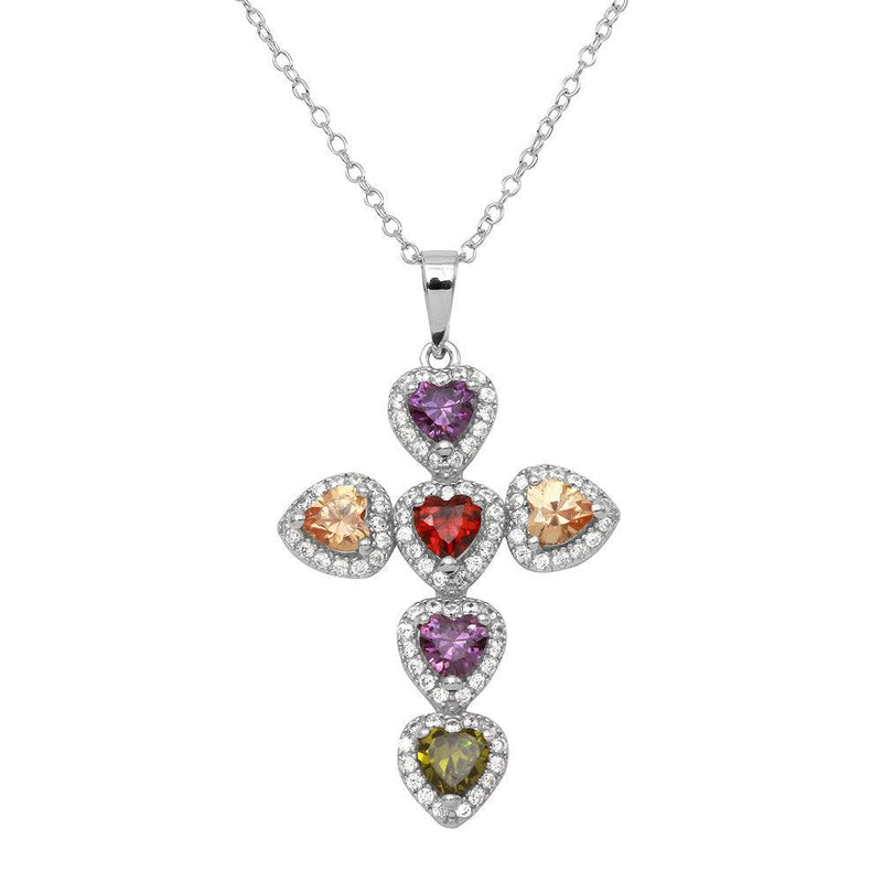 Silver 925 Rhodium Plated Multi CZ Heart Cross Necklace - BGP01144 | Silver Palace Inc.