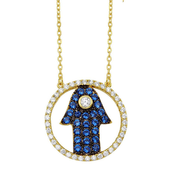 Silver 925 Gold Plated Open Circle with Blue CZ Hamsa Hand Necklace - BGP01149 | Silver Palace Inc.