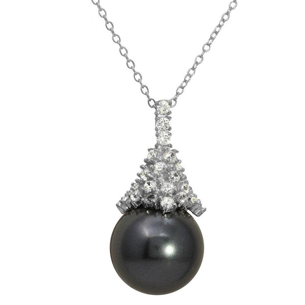 Silver 925 Rhodium Plated Synthetic Black Pearl with CZ Necklace - BGP01158 | Silver Palace Inc.