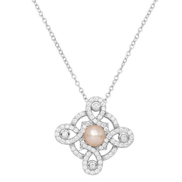 Silver 925 Rhodium Plated CZ Encrusted Outline Cross with Fresh Water Pearl Necklace - BGP01159 | Silver Palace Inc.