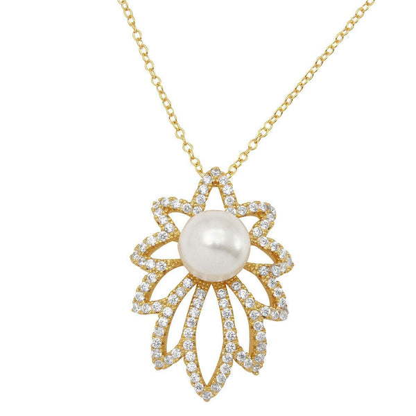 Silver 925 Gold Plated CZ Encrusted Floral Outline Synthetic Center Pearl Necklace - BGP01160 | Silver Palace Inc.