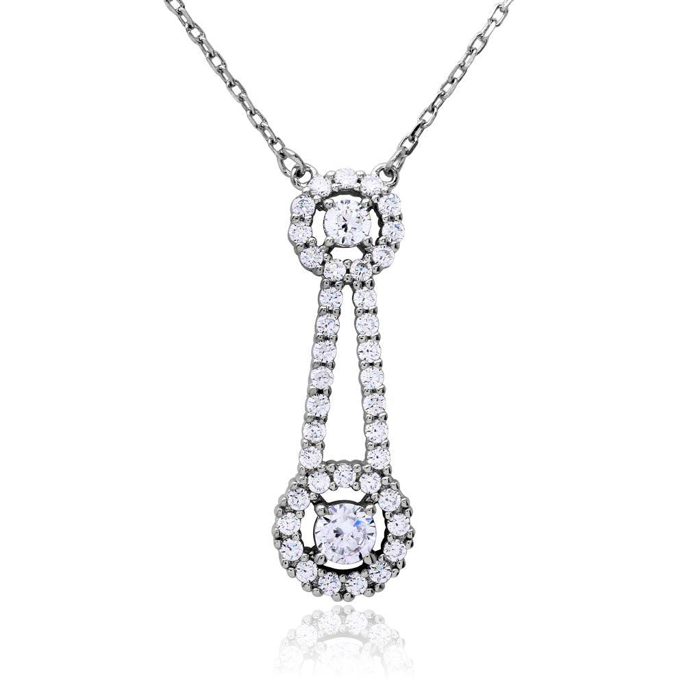 Silver 925 Rhodium Plated Double Halo Drop CZ Necklace - BGP01170 | Silver Palace Inc.