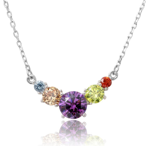 Silver 925 Rhodium Plated V Shaped Multi-Color Round CZ Necklace - BGP01184 | Silver Palace Inc.